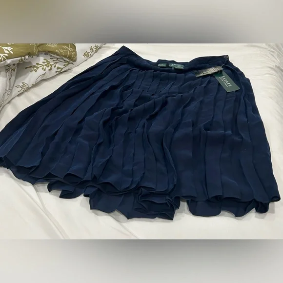 Lauren Ralph Lauren Navy Silk Pleated Skirt Size 16 NWT Romantic Cottagecore Y2K - Picture 3 of 8